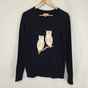 Loft Women's Navy Crew Neck Perched Owls Graphic Sweater